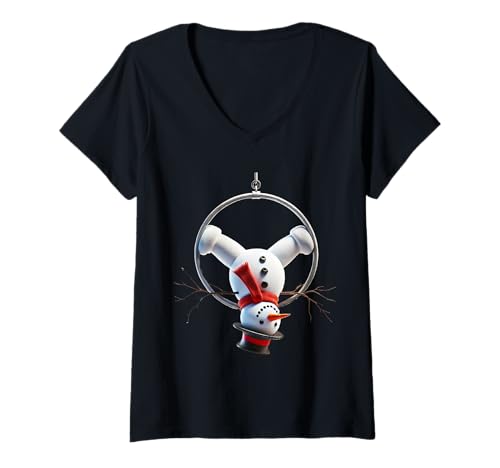 Womens Aerial Christmas Snowman Performing on the aerial hoop lyra V-Neck T-Shirt