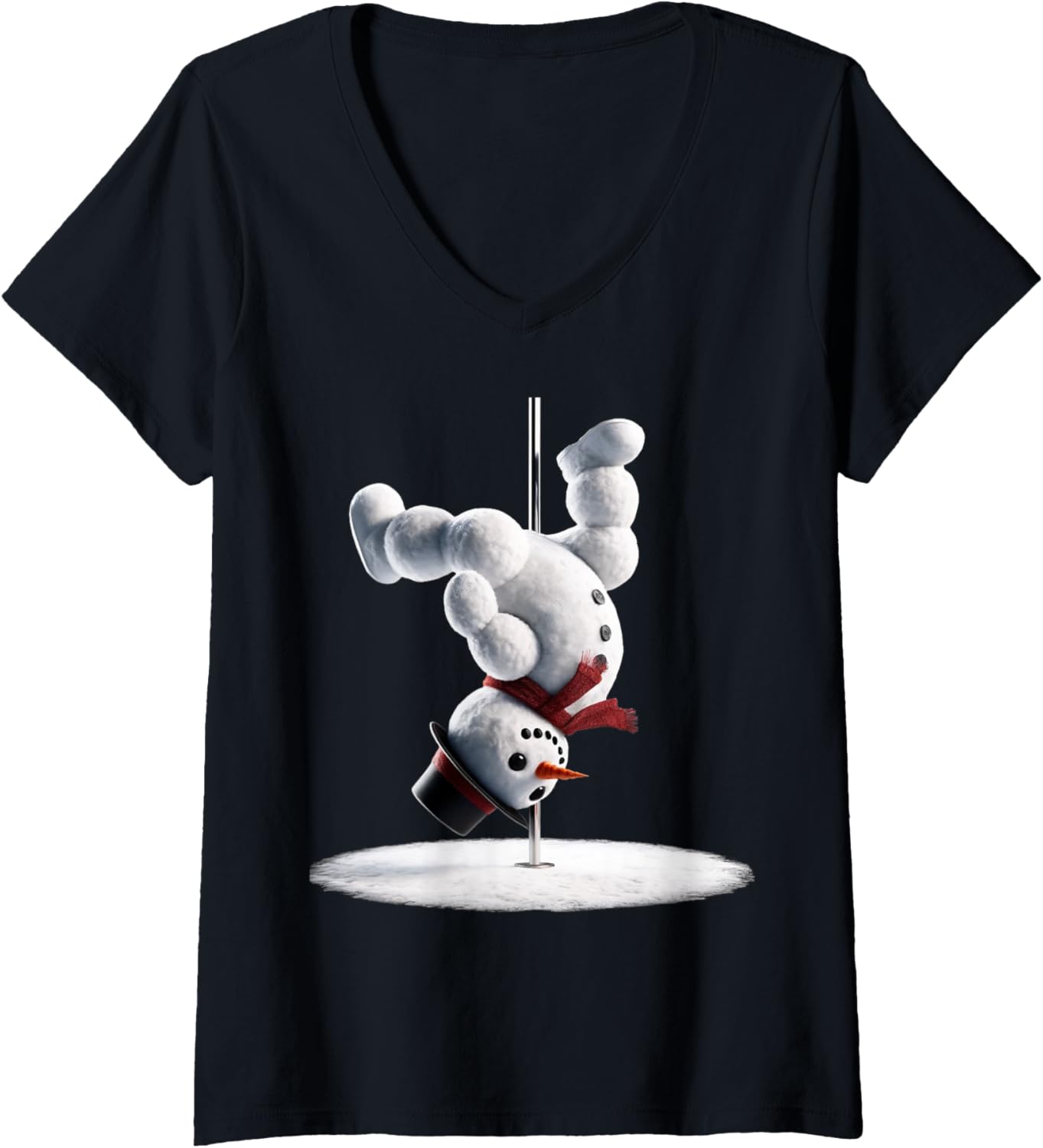 Womens Aerial Christmas Snowman Performing on the dance pole V-Neck T-Shirt