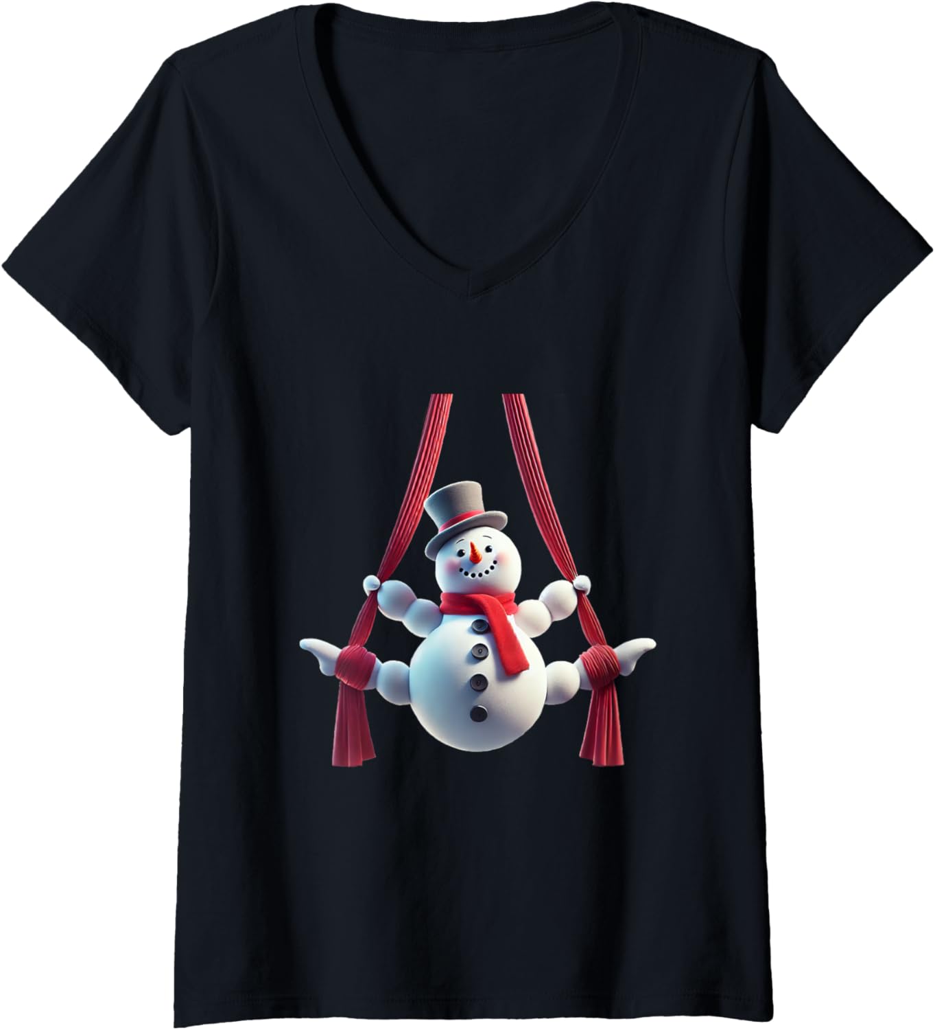 Womens Aerial Christmas Snowman Performing SIlks V-Neck T-Shirt
