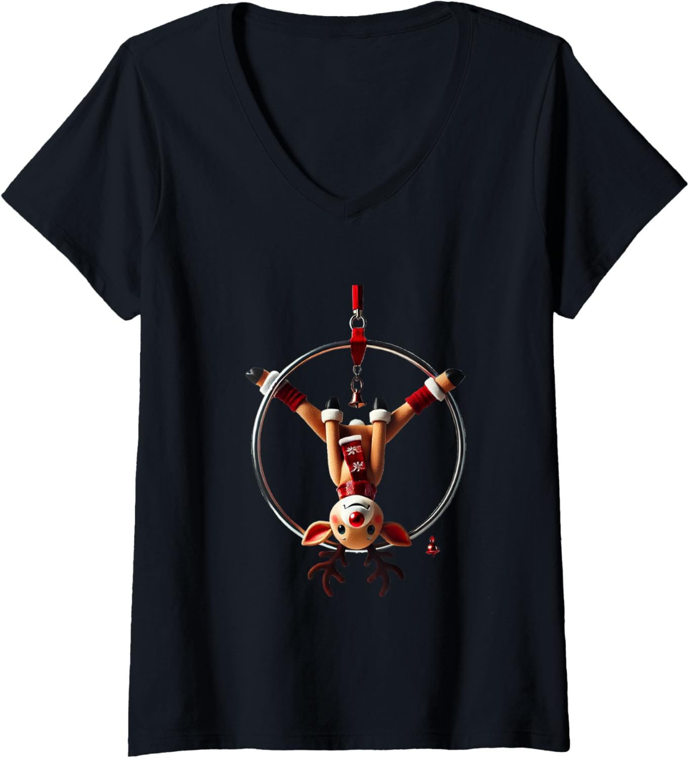 Womens Aerial Hoop Christmas Reindeer Performing Lyra V-Neck T-Shirt