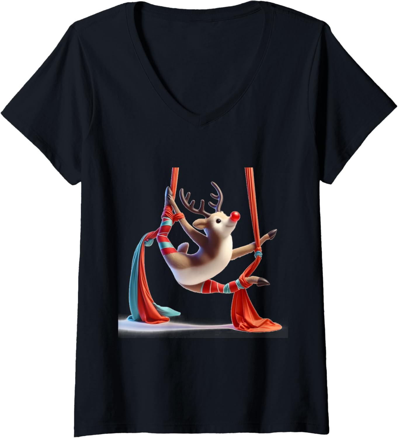 Womens Aerial Christmas Reindeer Performing SIlks V-Neck T-Shirt
