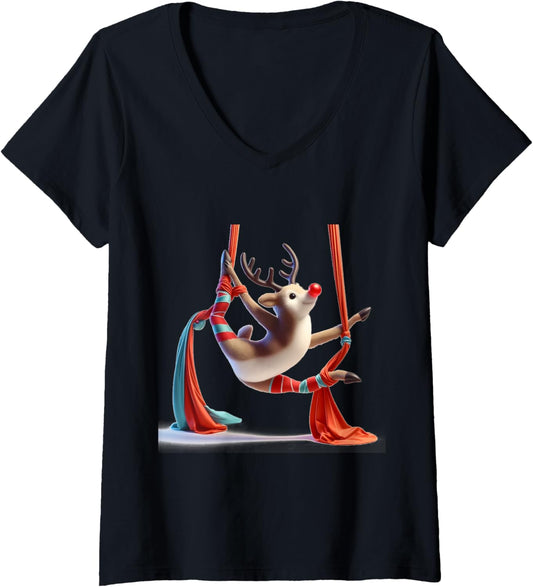 Womens Aerial Christmas Reindeer Performing SIlks V-Neck T-Shirt