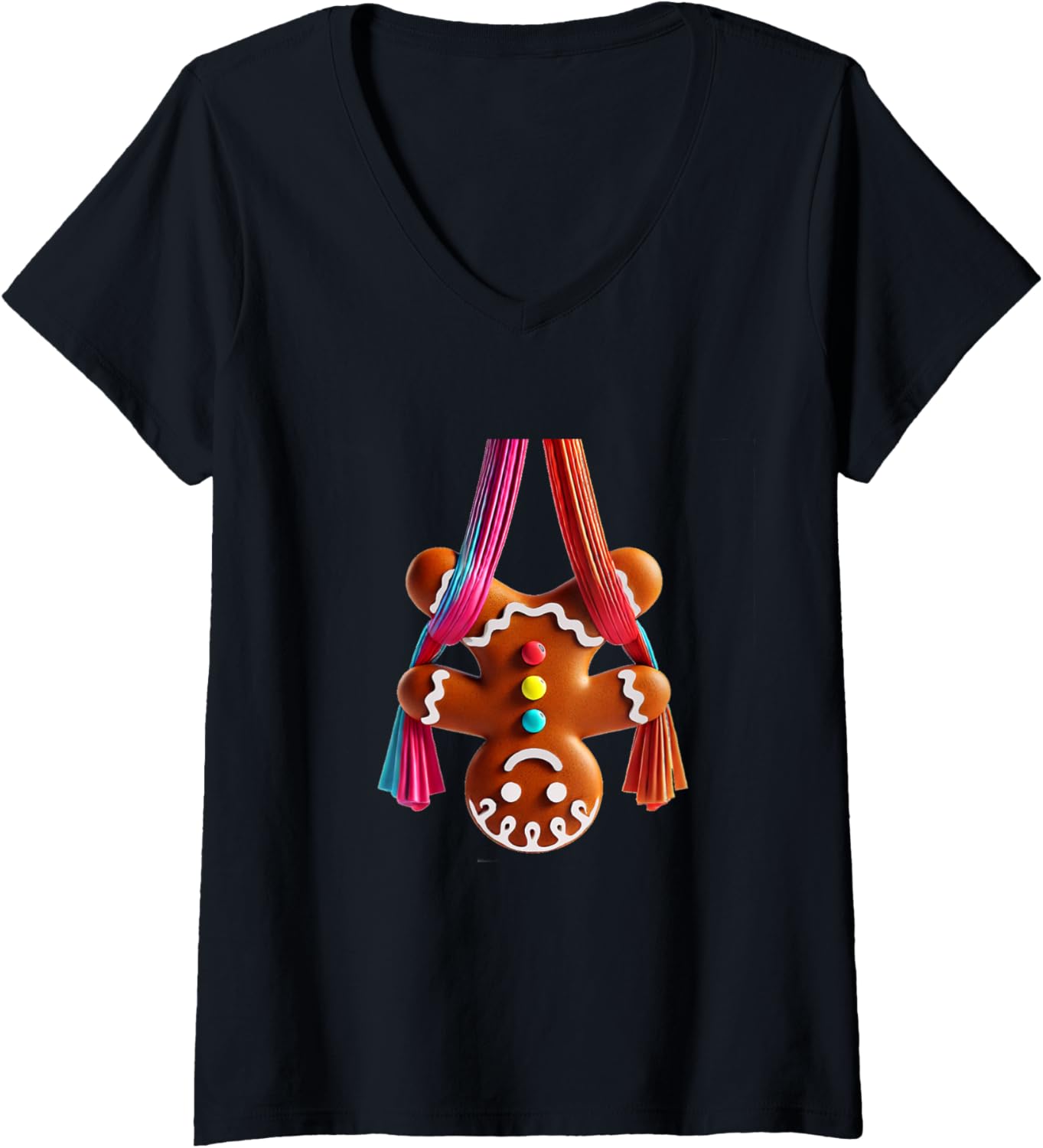 Womens Aerial Christmas Gingerbread Man Performing SIlks V-Neck T-Shirt