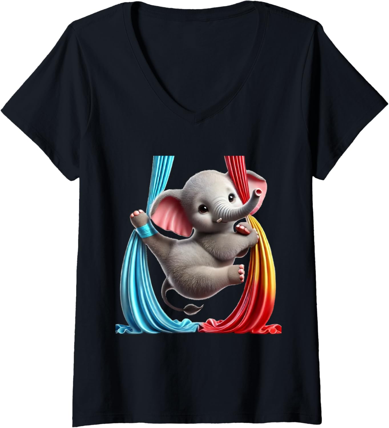 Womens Aerial Elephant cute Performing Silks V-Neck T-Shirt