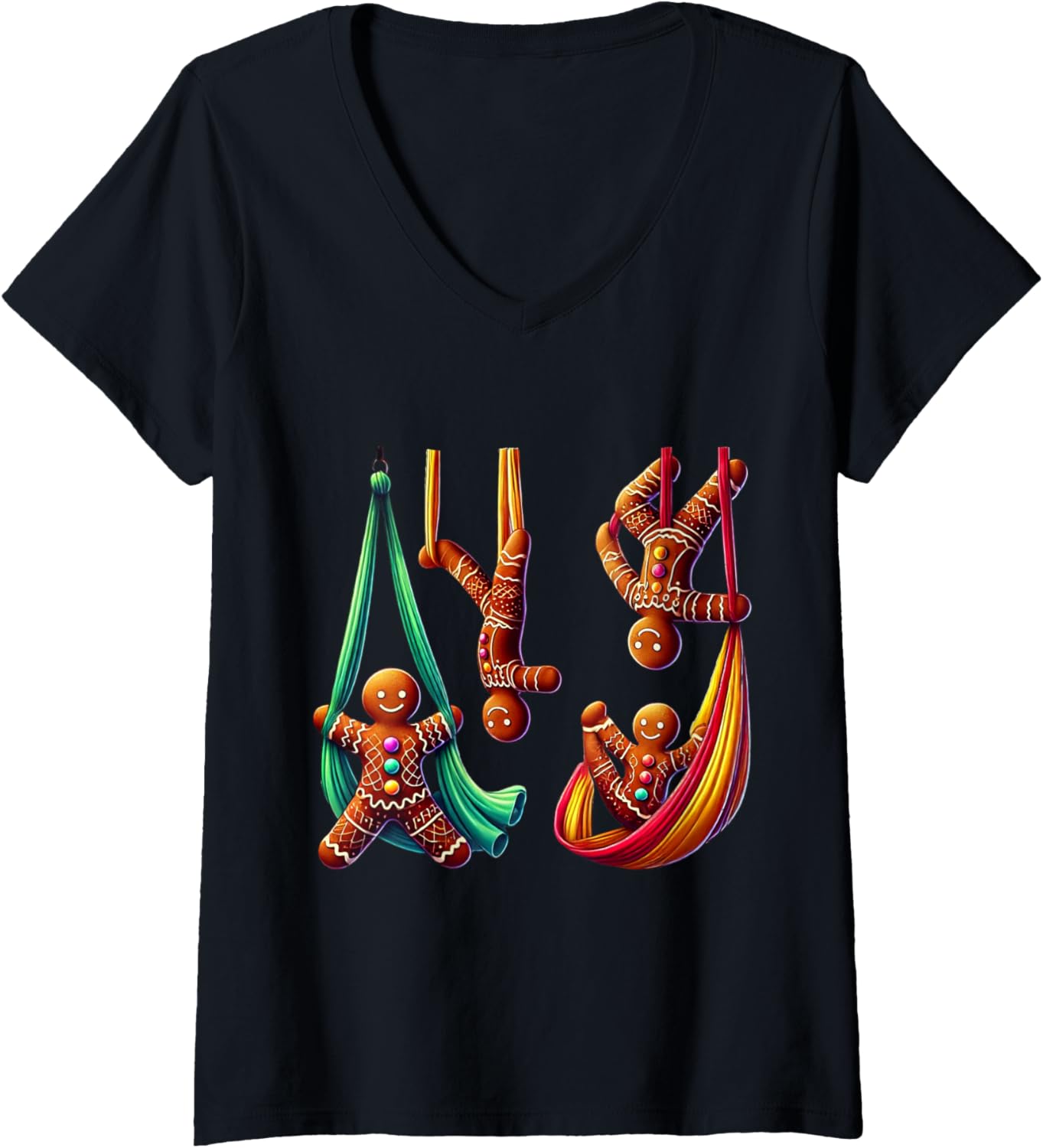 Womens Aerial Christmas Gingerbread Man Performing SIlks V-Neck T-Shirt