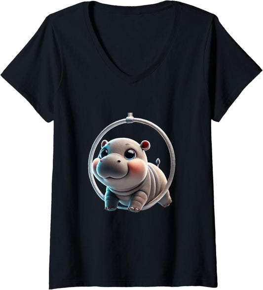 Womens Aerial Lyra Hoop Performing Hippo V-Neck T-Shirt