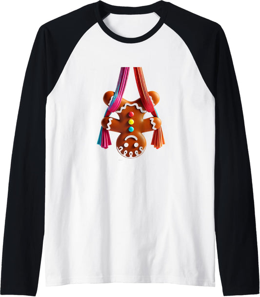 Aerial Christmas Gingerbread Man Performing SIlks Raglan Baseball Tee