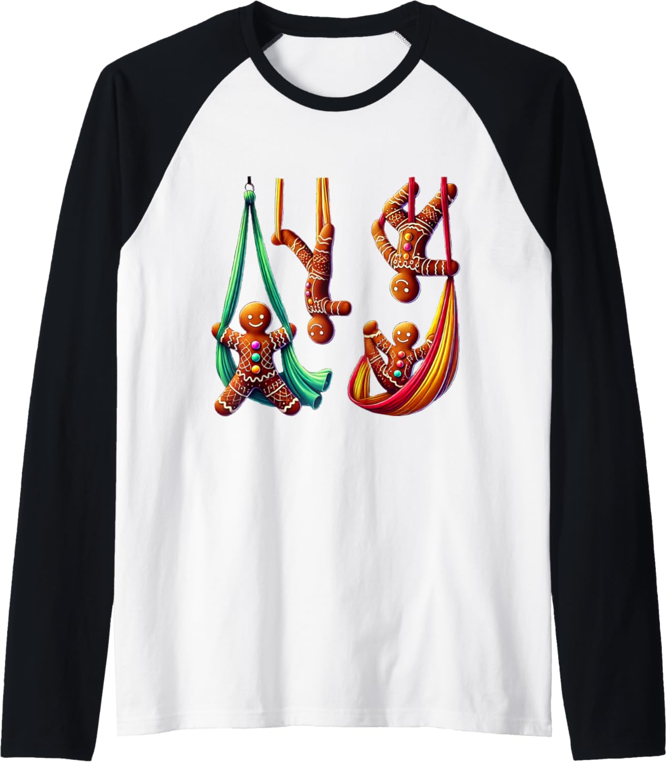 Aerial Christmas Gingerbread Man Performing SIlks Raglan Baseball Tee