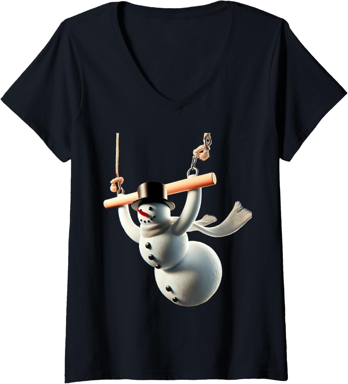 Womens Aerial Christmas Snowman Performing on the circus trapeze V-Neck T-Shirt