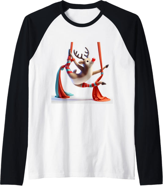 Aerial Christmas Reindeer Performing SIlks Raglan Baseball Tee